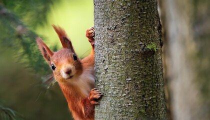Inquisitive Red Squirrel Hiding Amidst Bark Textures Behind a Gnarled Tree Trunk, Showcasing a Forest Mood and Autumn Aura.