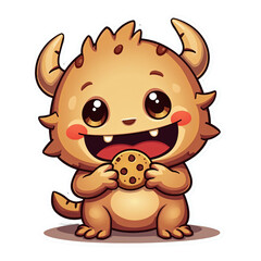 Fototapeta premium cute little monster as a mascot, eating a detailed and crunchy cookie, Generative Ai