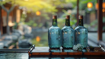 Beautiful blue colored empty three glass bottles with wooden cork placed on wooden table in blur background