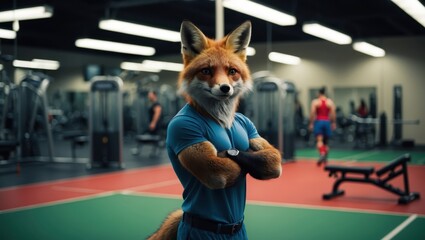 Muscular anthropomorphic fox in tight blue gym outfit posing confidently in modern fitness center