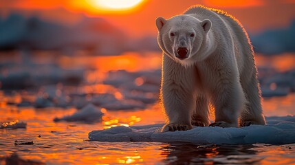 A front closeup of a beautiful bear standing it front of sunset view near beach