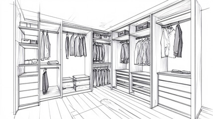 A clean and modern walk-in closet sketched in black and white showcasing organized shelves and hanging clothes in a minimal design  
