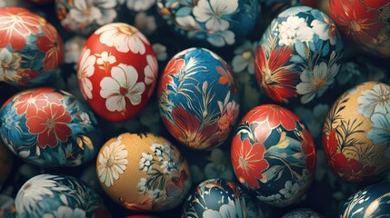 Easter eggs background, lots of easter eggs, each of them is different color and detailed floral pattern