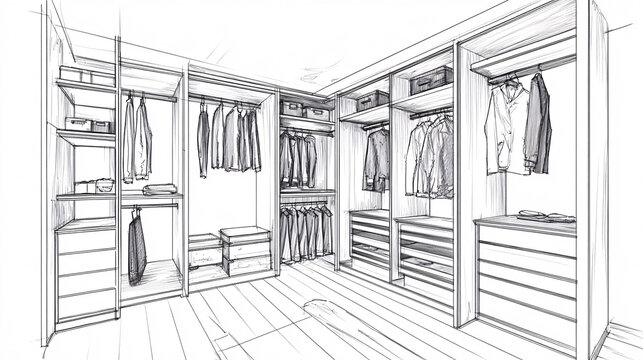 A clean and modern walk-in closet sketched in black and white showcasing organized shelves and hanging clothes in a minimal design  
