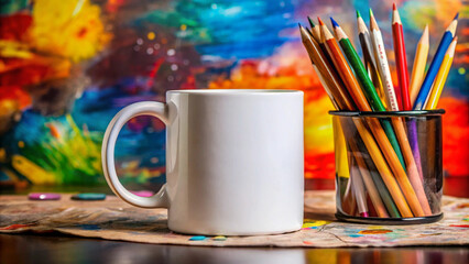 Blank Mug Mockup with Colorful Pencils and Artistic Background