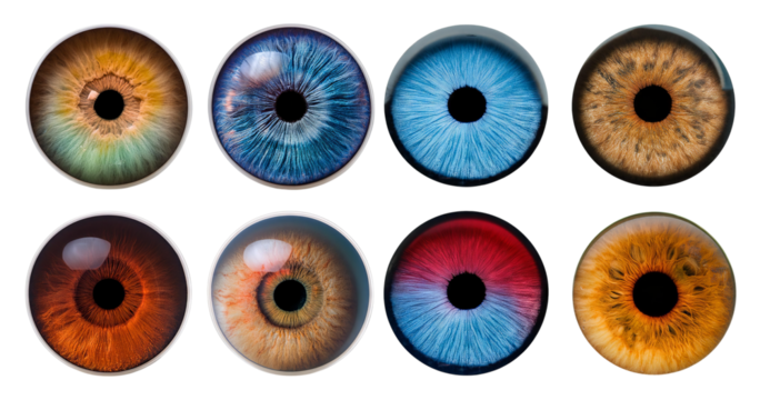Colorful Eye Close-Up Collection Showcasing Unique Iris Patterns, isolated on transparent background