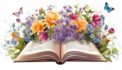 Detailed illustration of an open book with flowers on a white background.