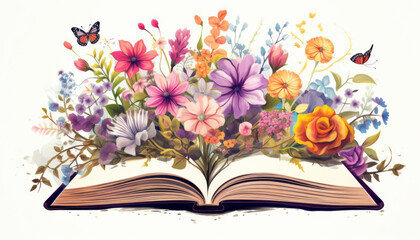 Detailed illustration of an open book with flowers on a white background.