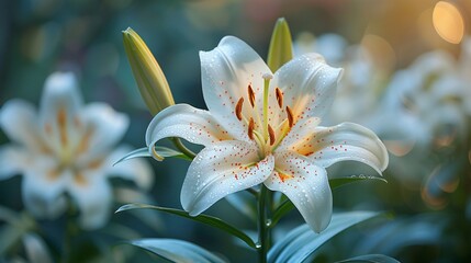 A beautiful closeup of fresh white lily flower placed in garden full of white flowers in blur background