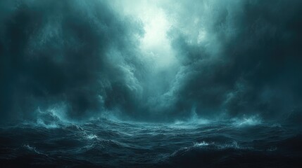 Obraz premium A dramatic seascape depicting turbulent waves and ominous clouds under a moody sky.