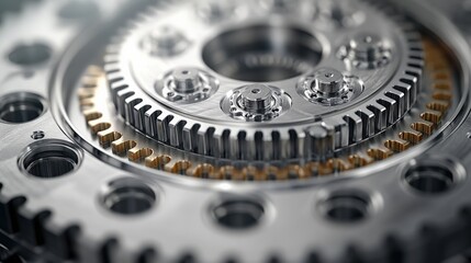 Close-up view of intricate metallic gear mechanism showcasing precision engineering and design