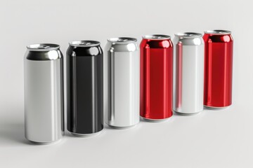 Set of 3D aluminum slim cans in silver, white, black, and red, arranged on a white background, perfect for beer can mockup templates