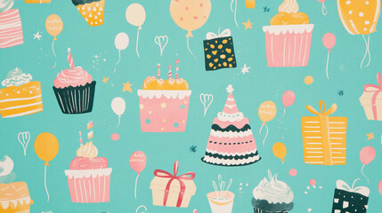 A fun and colorful pattern featuring cupcakes, balloons, gifts, and party hats on a bright teal background, representing celebrations, birthdays, and festive occasions.