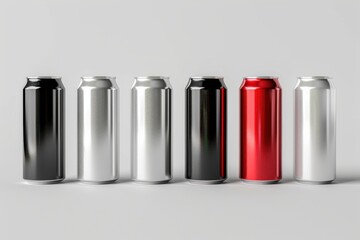 Set of 3D aluminum slim cans in silver, white, black, and red, arranged on a white background, perfect for beer can mockup templates