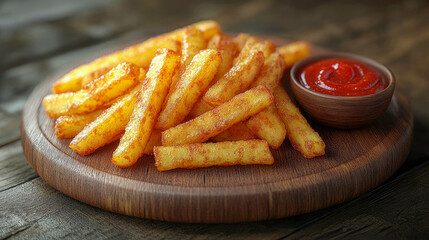 A close-up of golden, crispy french fries seasoned with herbs, served on a wooden plate with ketchup
