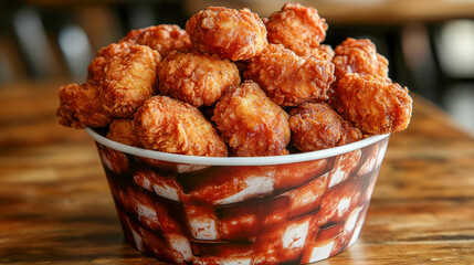 Crispy boneless fried chicken coated in a spicy glaze, served in a rustic wooden bucket. Perfect for fast food, comfort food, and restaurant themes