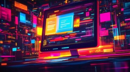 representation of a computer monitor with website and data bits, bytes, keywords, search bots, security tokens, databases, interacting with an anonymous user, vibrant colors