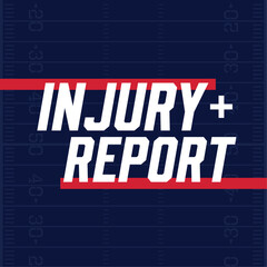 Injury report. Football. Vector square illustration with text, dark background and field. Sport and health.