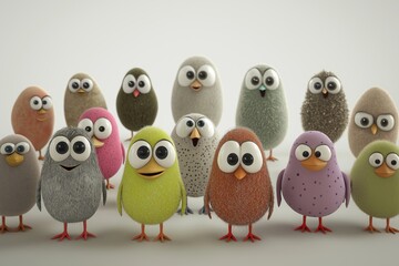A group of various cartoon birds, each with unique features and colors, collectively represents a whimsical critique of political issues
