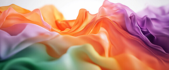 Obraz premium Close-up of colorful flowing fabric with orange, pink, purple, and green hues, symbolizing movement and elegance in fashion, design, or textile art.
