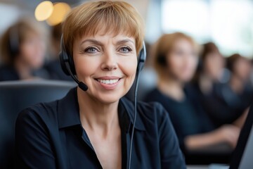 A friendly customer service representative helps clients using AI powered chatbots in a busy office environment during working hours