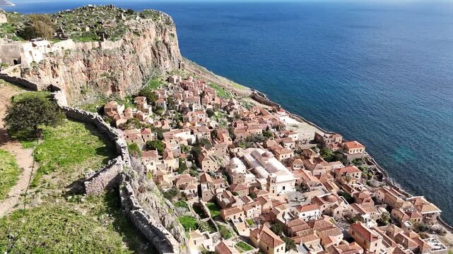 Aerial view of Monemvasia, a medieval fortress town on a rocky peninsula in Laconia, Peloponnese, Greece