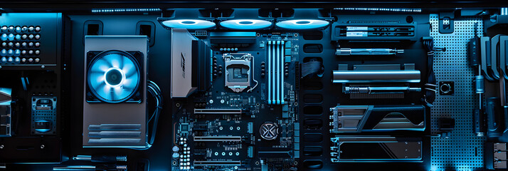 Inside View of a High-tech Glowing PC Tower with Internal Hardware Components Shown