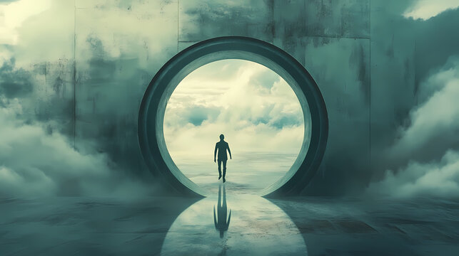 A person stepping through a portal into a parallel universe,. Parallel Universe & Alternate History. Illustration