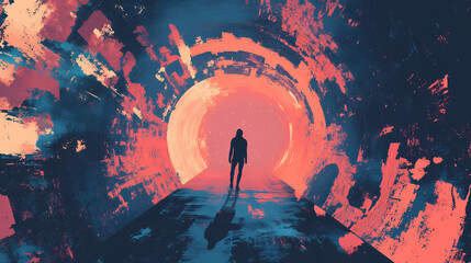 A psychedelic journey entering a surreal portal to a distorted parallel universe of colors. Parallel Universe & Alternate History. Illustration