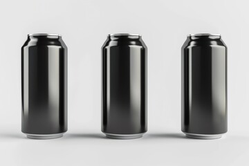 Set of 3D vector illustrations of black aluminum soft drink cans, isolated on a white background, modern and sleek design