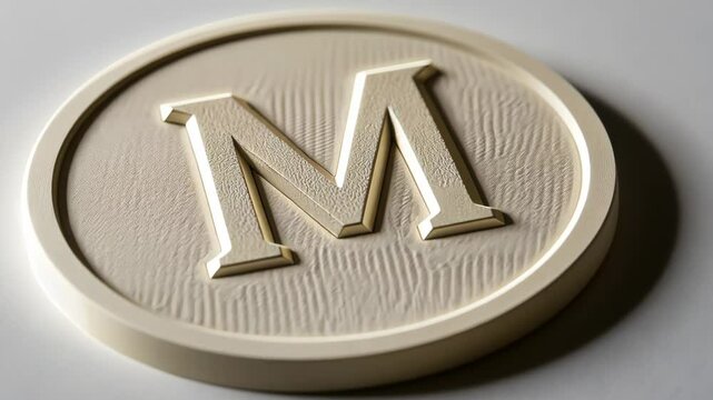 Rotating monogrammed coin with textured surface in closeup view