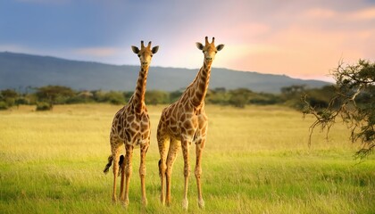 Enchanting Duo of Giraffes in Serene Savannah Sunset, Showcasing Striking Silhouettes and Warm African Hues at Dusk