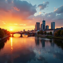 Fototapeta premium Golden hour illuminates Frankfurt skyline, Main river reflects , illuminated, germany