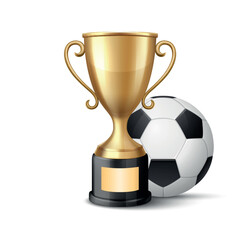 Vector 3D Realistic Golden Winner Champion Cup and Soccer Ball Set. Metal Trophy Design Template for Sports Championship. Trophy and Soccer Ball, Front View. Vector Illustration for Sports Concepts