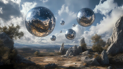 An artistic interpretation of multiple universes or parallel realities existing within a multiverse, connected by quantum phenomena. Parallel Universe & Alternate History. Illustration