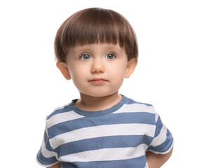 Portrait of adorable little boy on white background