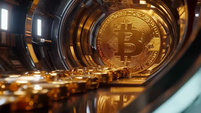 Digital animation depicting a large bitcoin symbol rotating inside a futuristic vault, surrounded by gleaming coins, representing cryptocurrency wealth and security. bitcoin staking