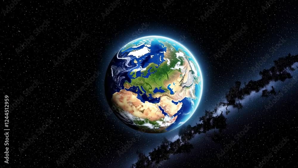 Poster massive planet earth rotating slowly against starry cosmic backdrop, revealing magnificent celestial