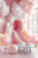 A playful pastel playroom with a pink slide, colorful balloons, and fluffy clouds, creating a dreamy and soft atmosphere perfect for kids.