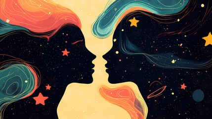 Background with stars, surrealism abstraction of love and the choice of dreams, love in a parallel universe. Parallel Universe & Alternate History. Illustration