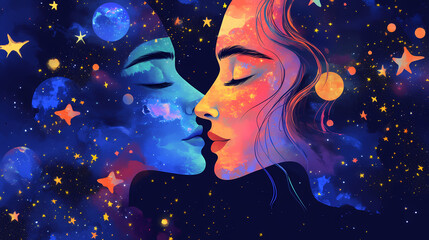 Background with stars, surrealism abstraction of love and the choice of dreams, love in a parallel universe. Parallel Universe & Alternate History. Illustration