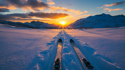 Ski tracks in the fresh snow with mountains and a vibrant sunset in the background, showcasing the beauty of winter sports and nature in a mountainous environment.