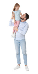 Happy father with his cute little daughter on white background