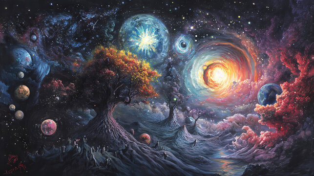 Cosmic convergence of parallel universes. Parallel Universe & Alternate History. Illustration