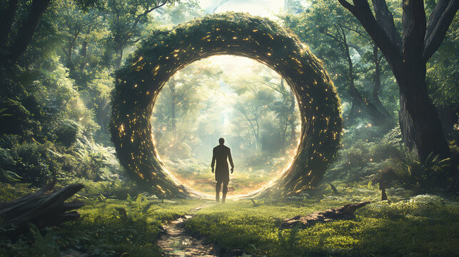 Exploring nature gate teleport portal in forest walking into a parallel universe for interstellar travel and cosmic adventure. Parallel Universe & Alternate History. Illustration