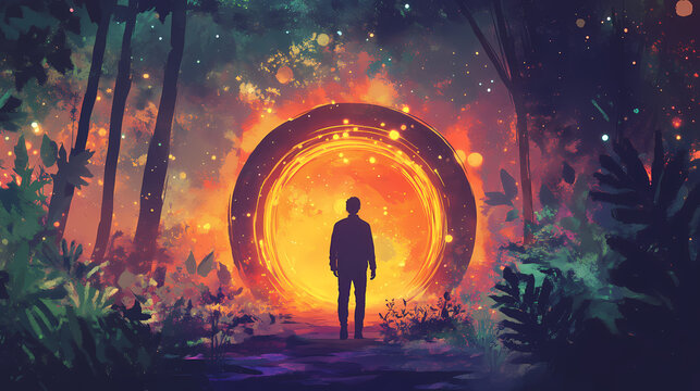 Exploring nature gate teleport portal in forest walking into a parallel universe for interstellar travel and cosmic adventure. Parallel Universe & Alternate History. Illustration