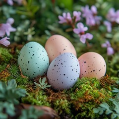 A serene Easter scene with soft pastel-colored eggs nestled in a bed of moss 