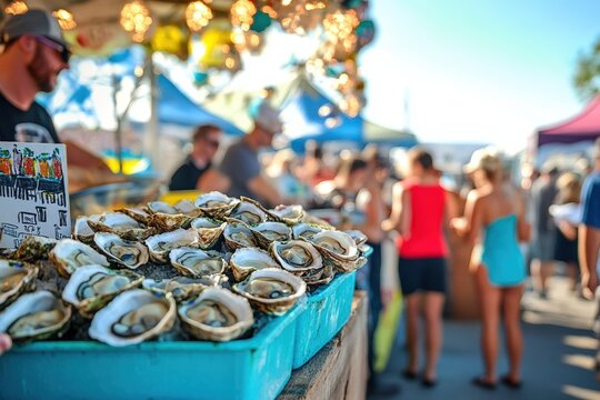 Fresh oysters on the half shell displayed on ice at an outdoor seafood festival, with colorful tents, festive lights, and a crowd of people enjoying the event