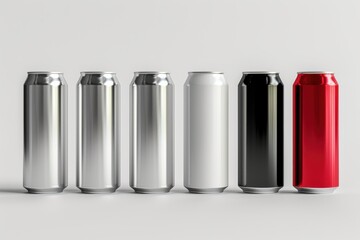 Set of 3D aluminum slim cans in silver, white, black, and red, arranged on a white background, perfect for beer can mockup templates