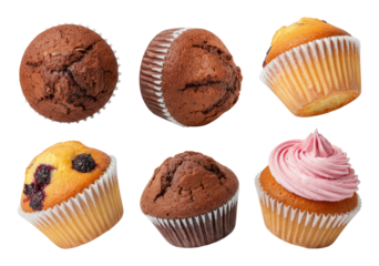 Assorted muffins including chocolate, blueberry, and one with pink frosting on transparent background